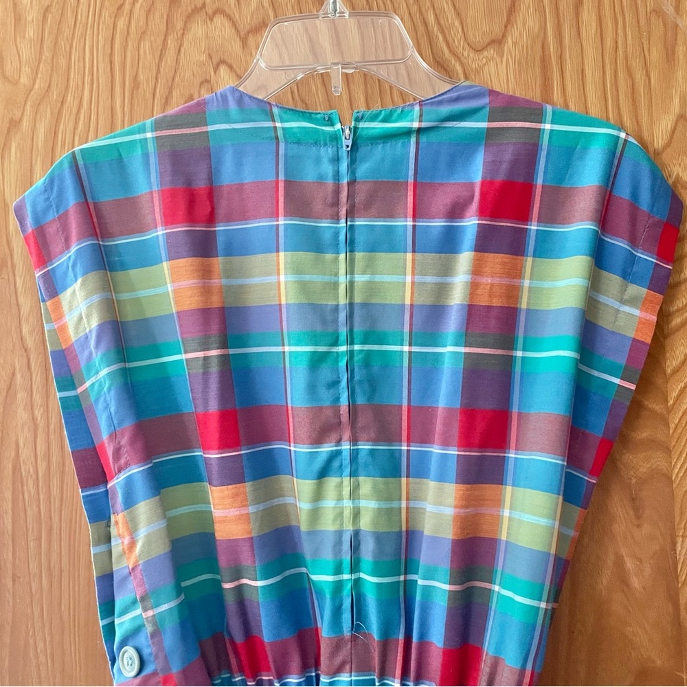 Vintage plaid picnic dress, blue & red with matching belt, side buttons, medium - Picture 9 of 10